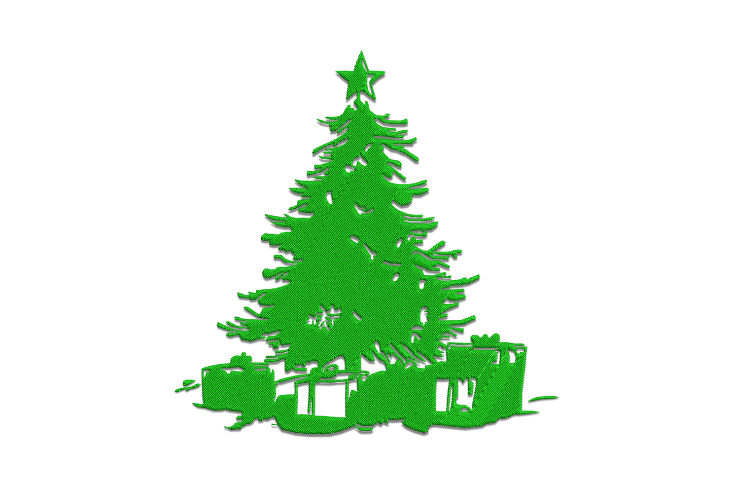 Dark green Christmas tree with gift boxes at base, hatched fill, hand-sketched silhouette, single-colour embroidery design.