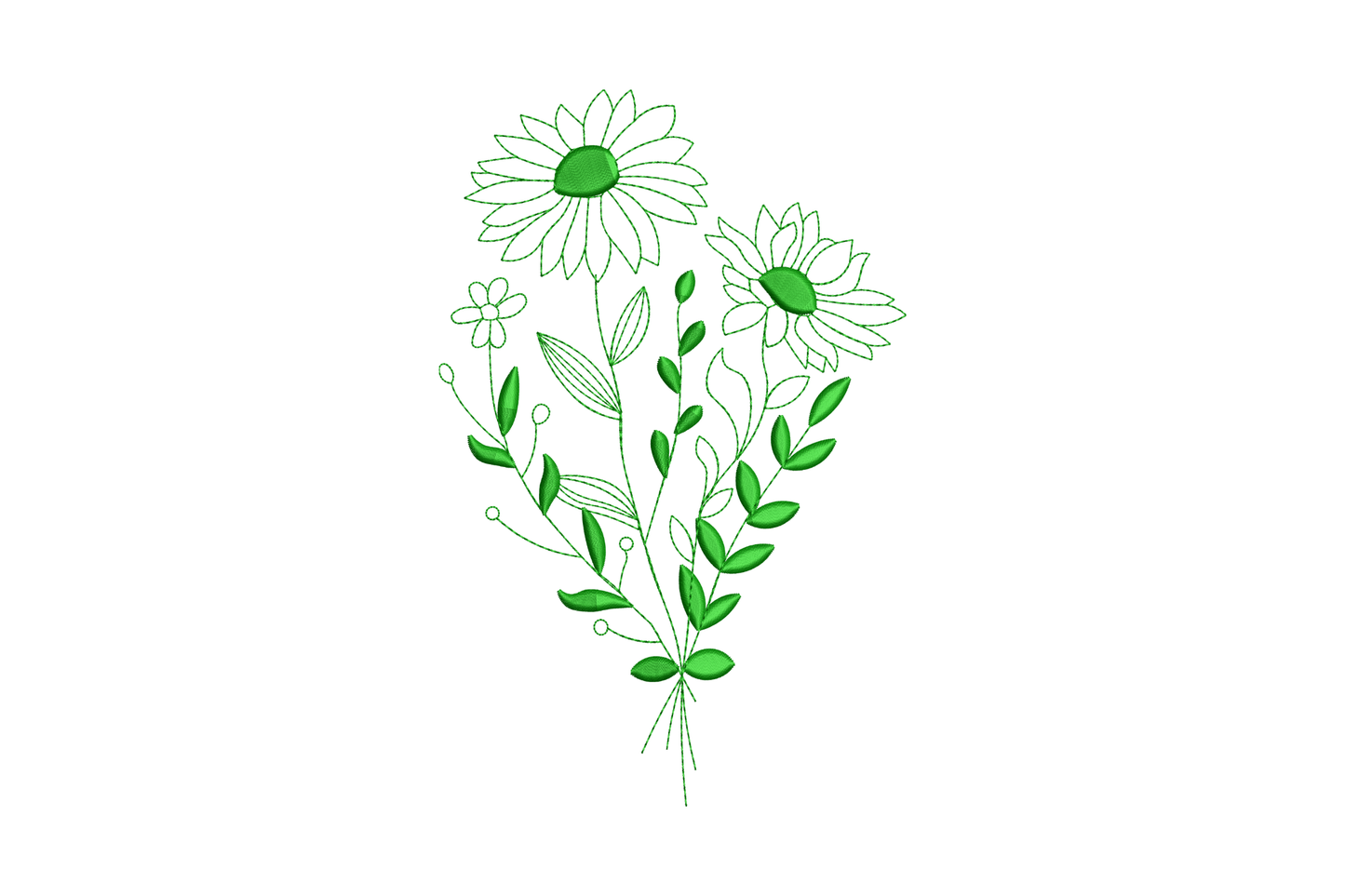 Green monochrome wildflower bouquet embroidery with two daisy coneflowers and leaf sprigs in botanical illustration style
