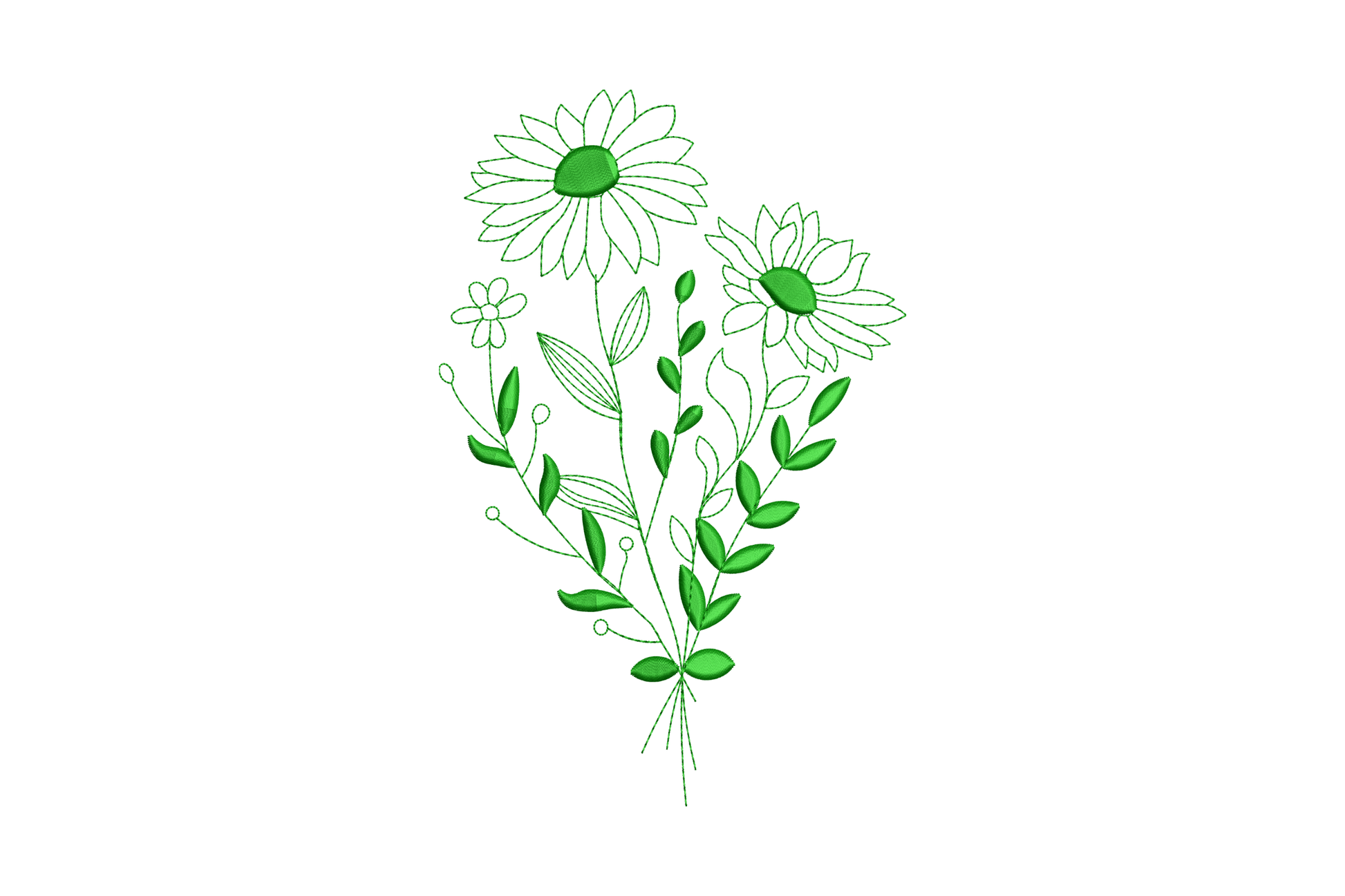 Green monochrome wildflower bouquet embroidery with two daisy coneflowers and leaf sprigs in botanical illustration style
