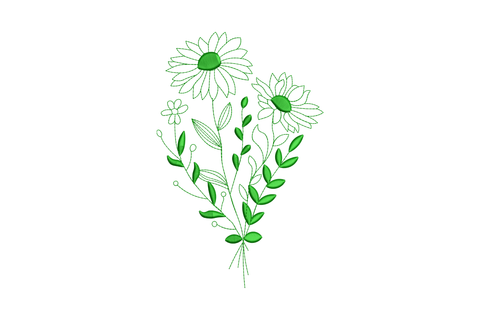 Green monochrome wildflower bouquet embroidery with two daisy coneflowers and leaf sprigs in botanical illustration style
