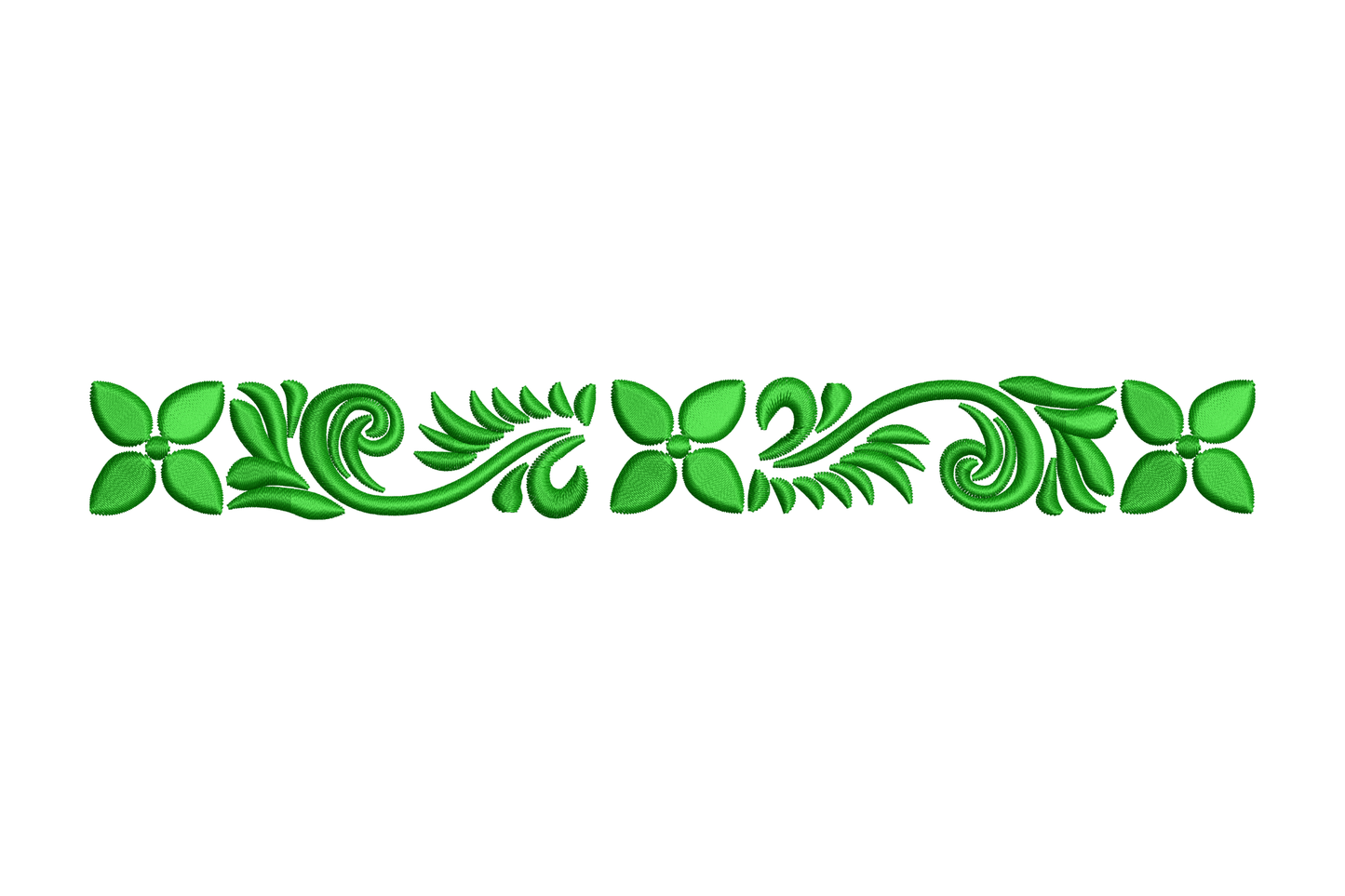 Slim green floral border with 4-petal cross flowers, paired leaf clusters and curling fern fronds, folk tile style.