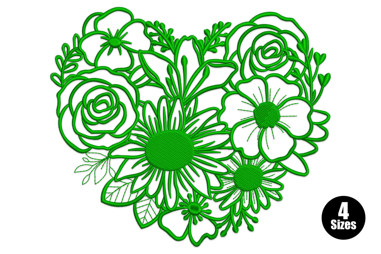 Dense monochrome dark green floral heart embroidery, packed botanical fill with rose and leaf silhouettes in a heart.