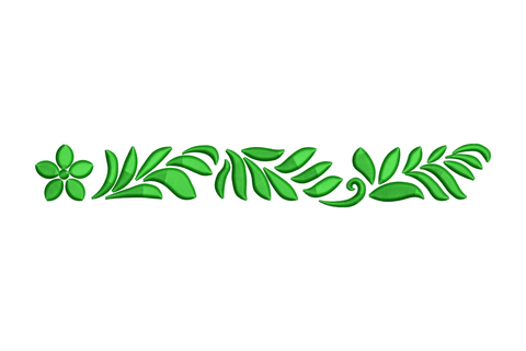 Green floral leaf border embroidery with one small flower and trailing leaves in solid kelly green satin fill.