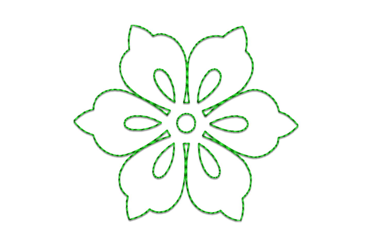 Green floral outline embroidery design with thin run-stitch petals and open centre, single colour botanical motif.