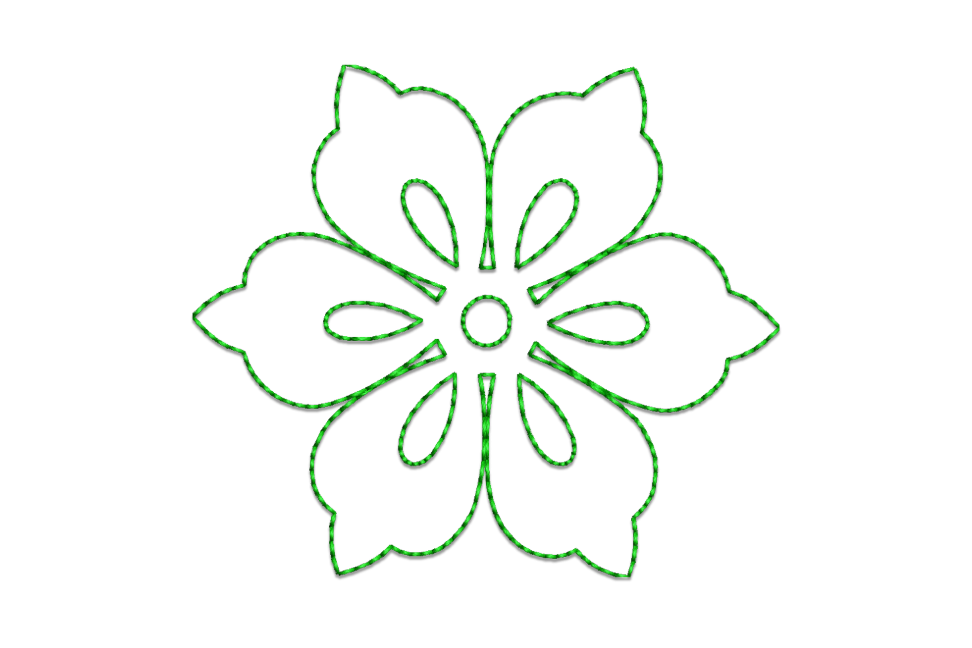 Green floral outline embroidery design with thin run-stitch petals and open centre, single colour botanical motif.