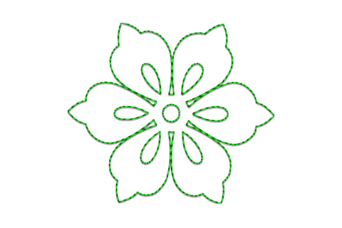 Green floral outline embroidery design with thin run-stitch petals and open centre, single colour botanical motif.
