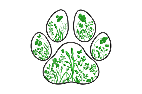Green floral paw print embroidery design with dark green botanical fill inside a bold black satin-stitch paw outline, 5 to 8 inch sizes.