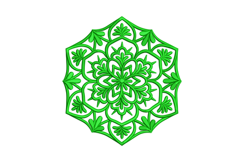 Single-colour green geometric mandala embroidery with hexagonal border and botanical floral fills on white background