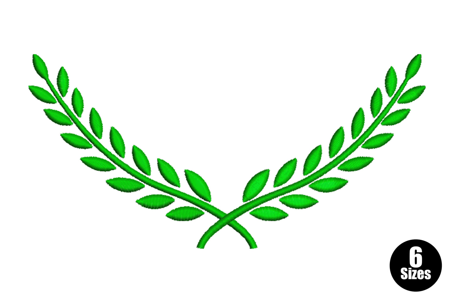 Green laurel branch embroidery design, two dark green laurel branches crossing at centre and sweeping outward in a wide open wing shape.