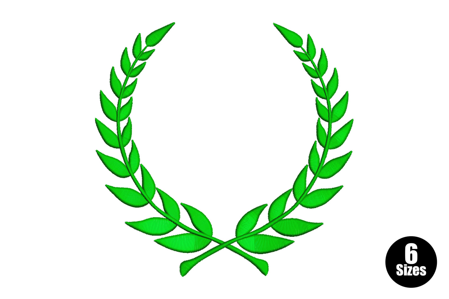Single green laurel wreath machine embroidery design with symmetrical leaf branches on white background
