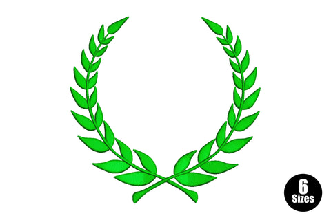 Single green laurel wreath machine embroidery design with symmetrical leaf branches on white background
