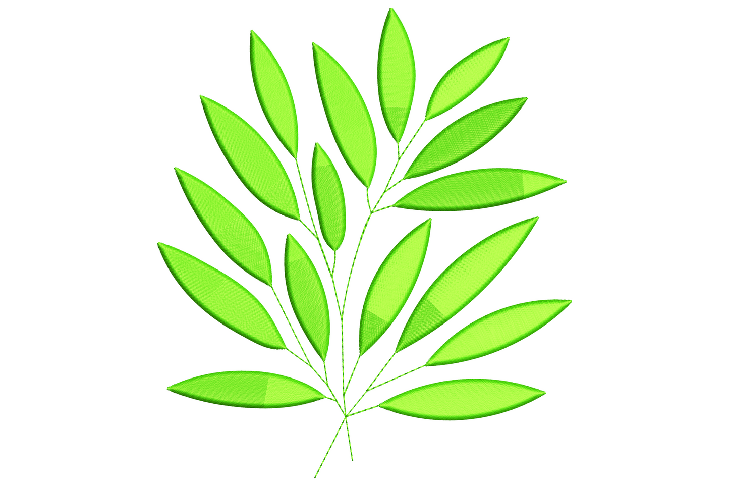 Bright green feather-shaped leaf branch embroidery design with pointed leaflets on central stem, 1 colour, 8 sizes.