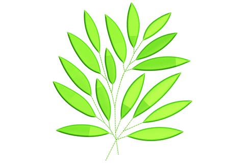 Bright green feather-shaped leaf branch embroidery design with pointed leaflets on central stem, 1 colour, 8 sizes.
