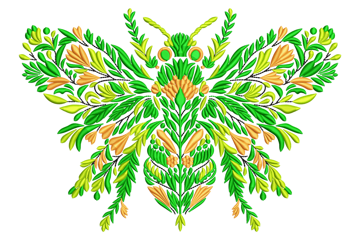 Green leaf butterfly embroidery design with a large butterfly silhouette built from dense layered fern fronds and botanical leaves in vivid green and golden amber.