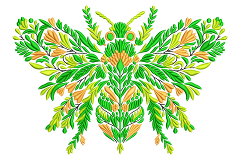 Green leaf butterfly embroidery design with a large butterfly silhouette built from dense layered fern fronds and botanical leaves in vivid green and golden amber.