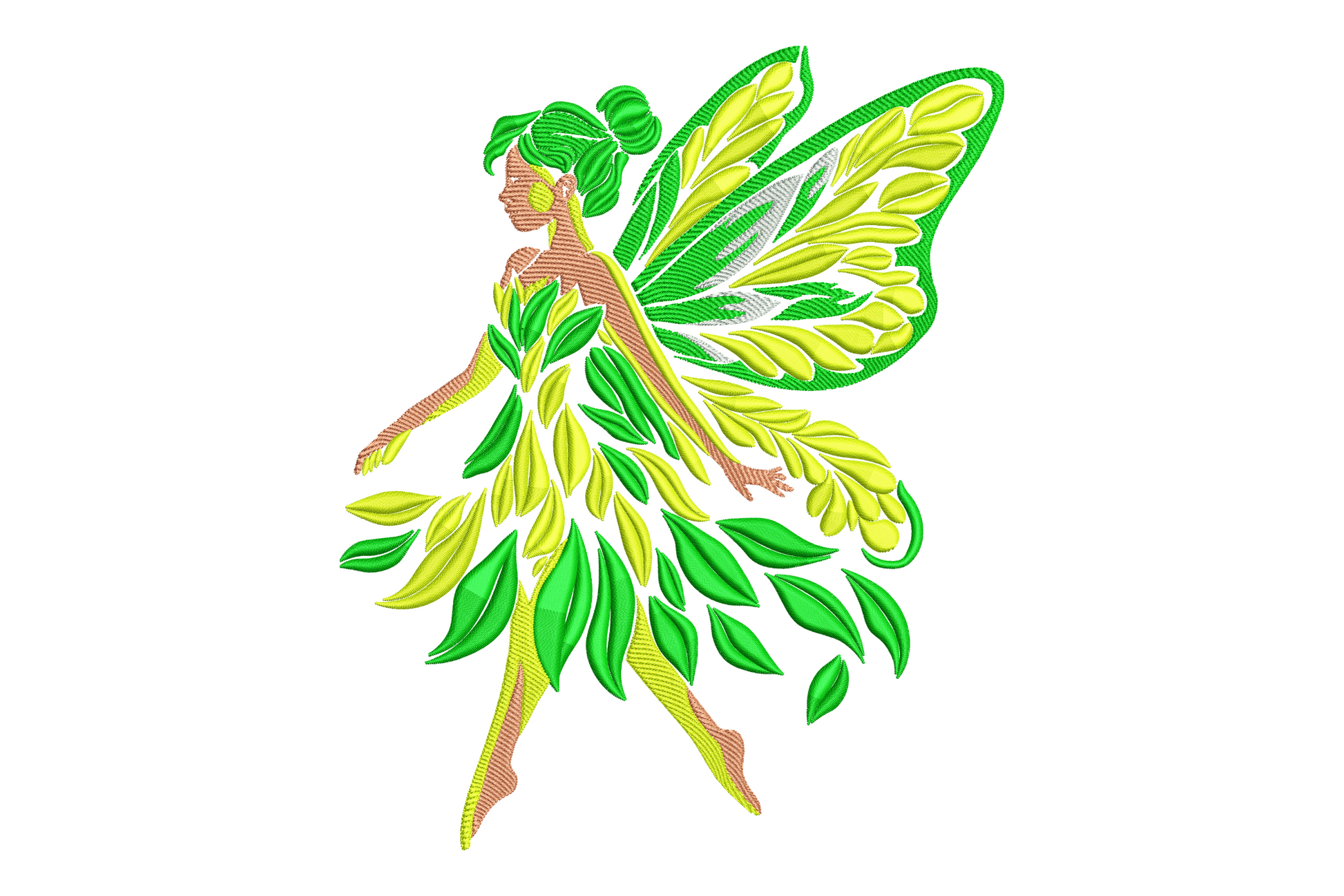 Green leaf fairy embroidery design, whimsical seated fairy with botanical leaf wings stitched in sage green, forest green, and cream on a light fabric.