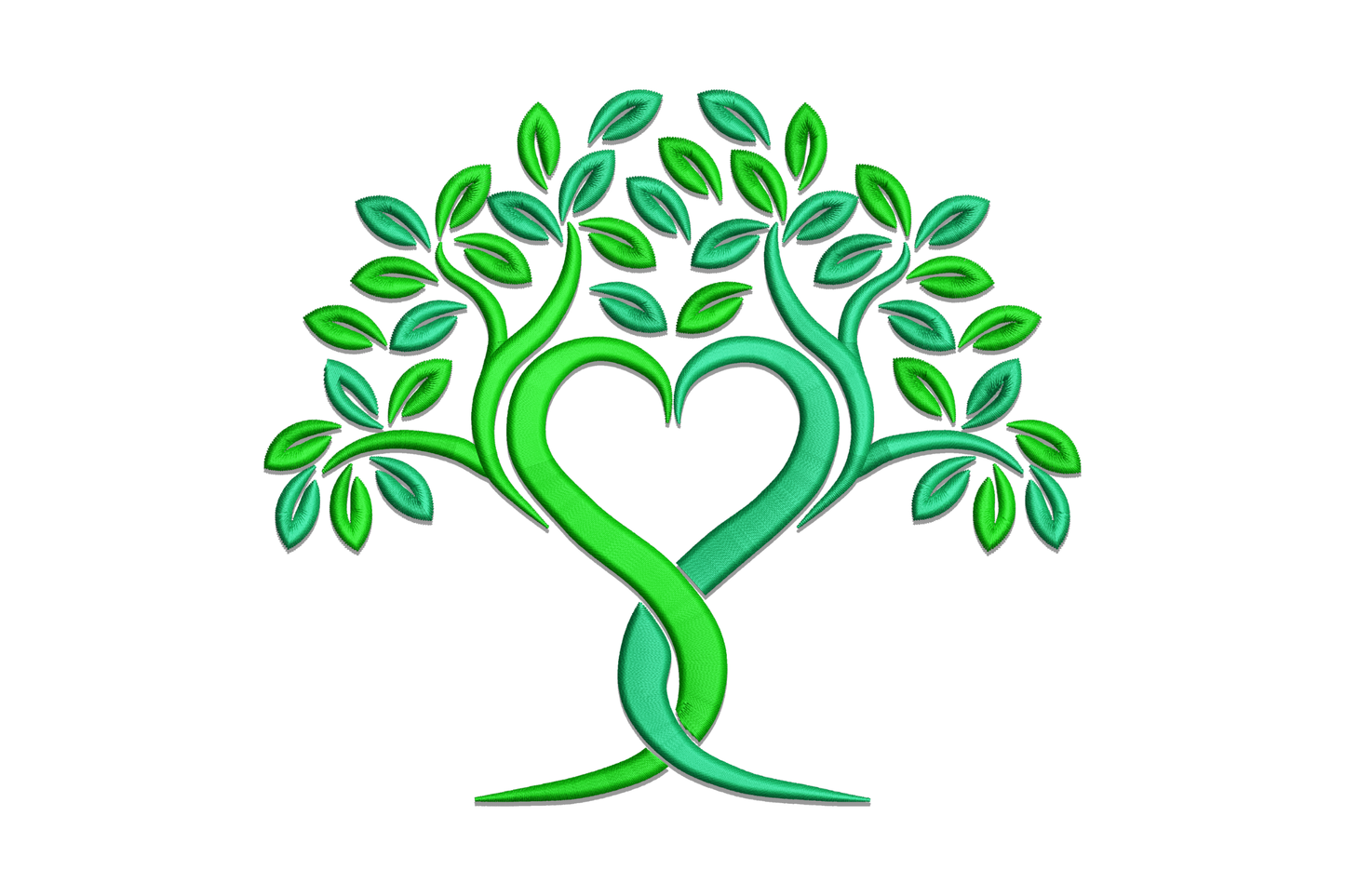 Green Leaf Love Tree embroidery with intertwined trunk forming a heart and leafy canopy in two-tone green thread.