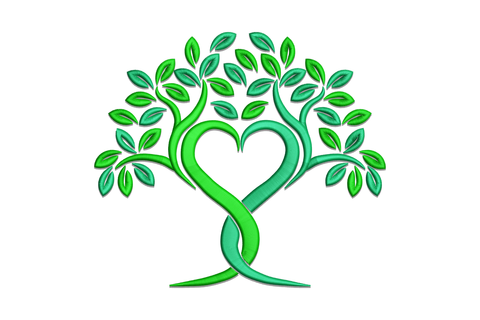 Green Leaf Love Tree embroidery with intertwined trunk forming a heart and leafy canopy in two-tone green thread.