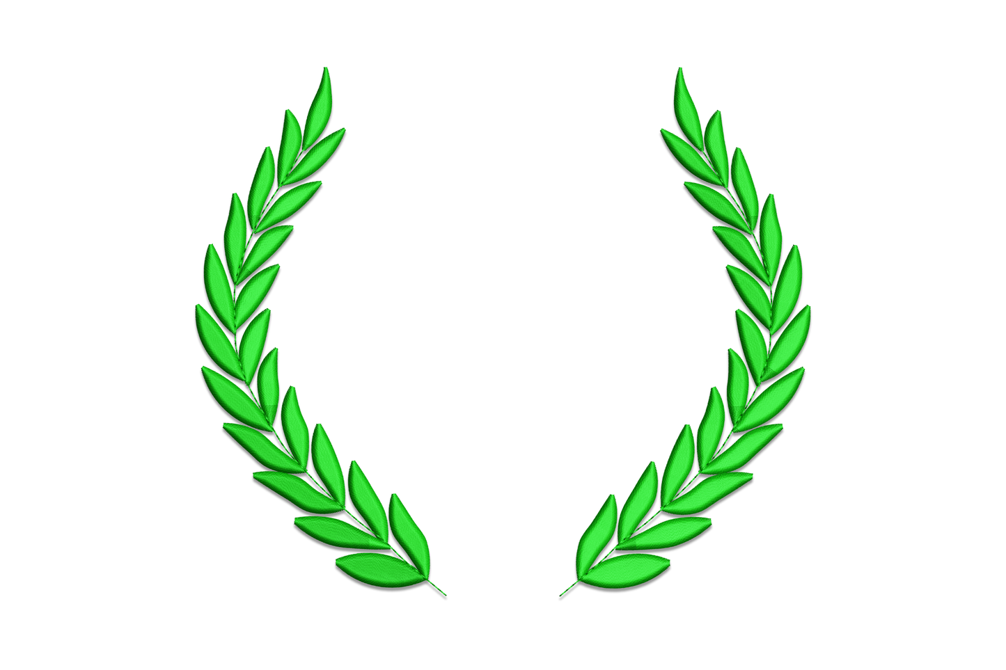 Green victory laurel wreath embroidery, two narrow facing branches with slim pointed olive leaves, open monogram centre.