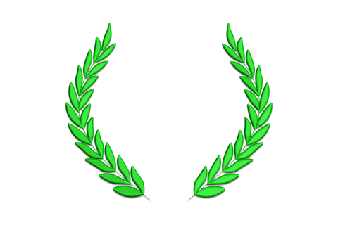 Green victory laurel wreath embroidery, two narrow facing branches with slim pointed olive leaves, open monogram centre.