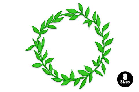 Green leaf wreath machine embroidery design, circular botanical wreath in dark green thread, 8 sizes from 3 to 9.87 inches