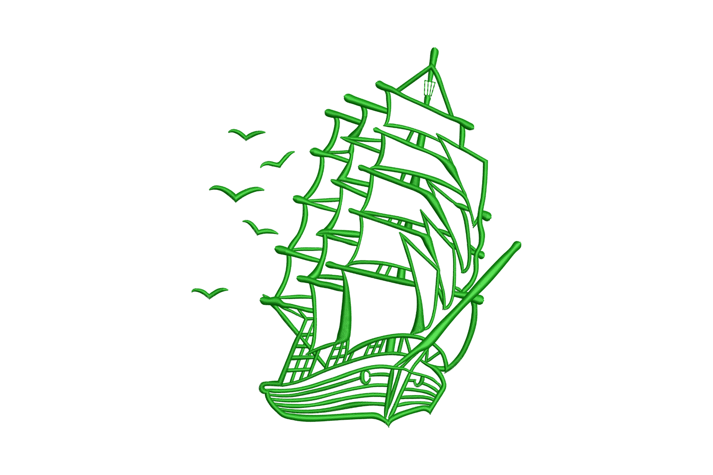 Green line art sailing ship embroidery design with rigging and seagulls, open outline style, 5 sizes up to 7.5 by 6.5 inches