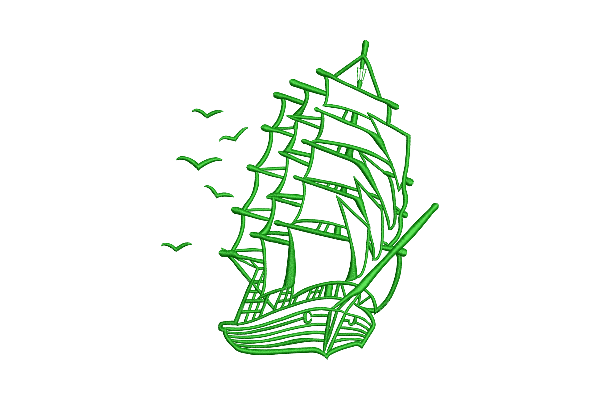 Green line art sailing ship embroidery design with rigging and seagulls, open outline style, 5 sizes up to 7.5 by 6.5 inches