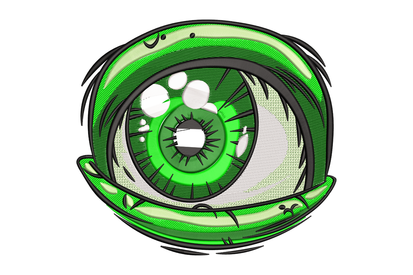 Green Monster Eye embroidery design with layered green iris, white sclera, black slit pupil and scaly eyelid, 5 colours, 5 sizes