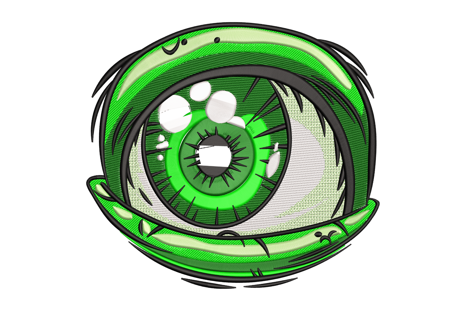 Green Monster Eye embroidery design with layered green iris, white sclera, black slit pupil and scaly eyelid, 5 colours, 5 sizes
