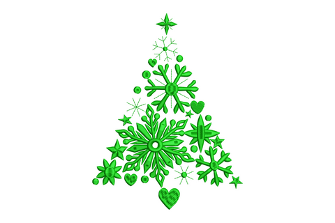 Green snowflake Christmas tree embroidery design made from snowflakes stars and hearts, single color, 5 sizes