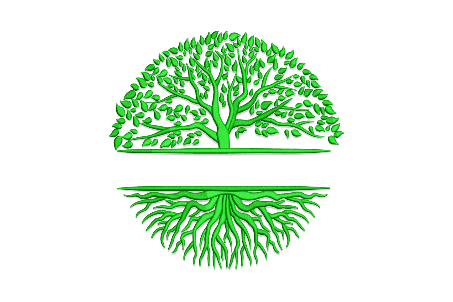Green tree with roots embroidery, circular design with full leaf canopy above and mirrored root system below a ground line.