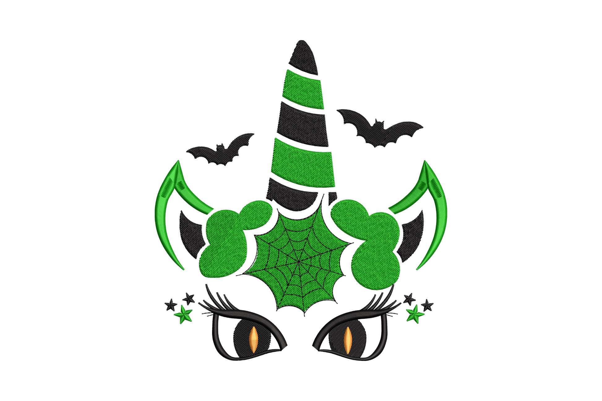 Embroidery design of a witch unicorn face: green striped horn, spider web nose, amber eyes, black lashes and bats