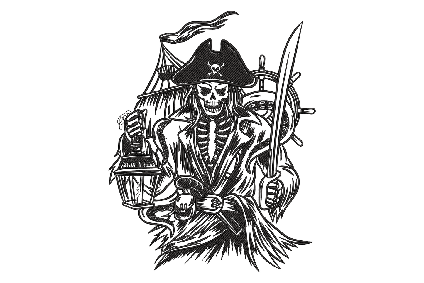 Grim pirate skeleton embroidery in black, full figure with tricorn hat lantern and cutlass, ship wheel behind