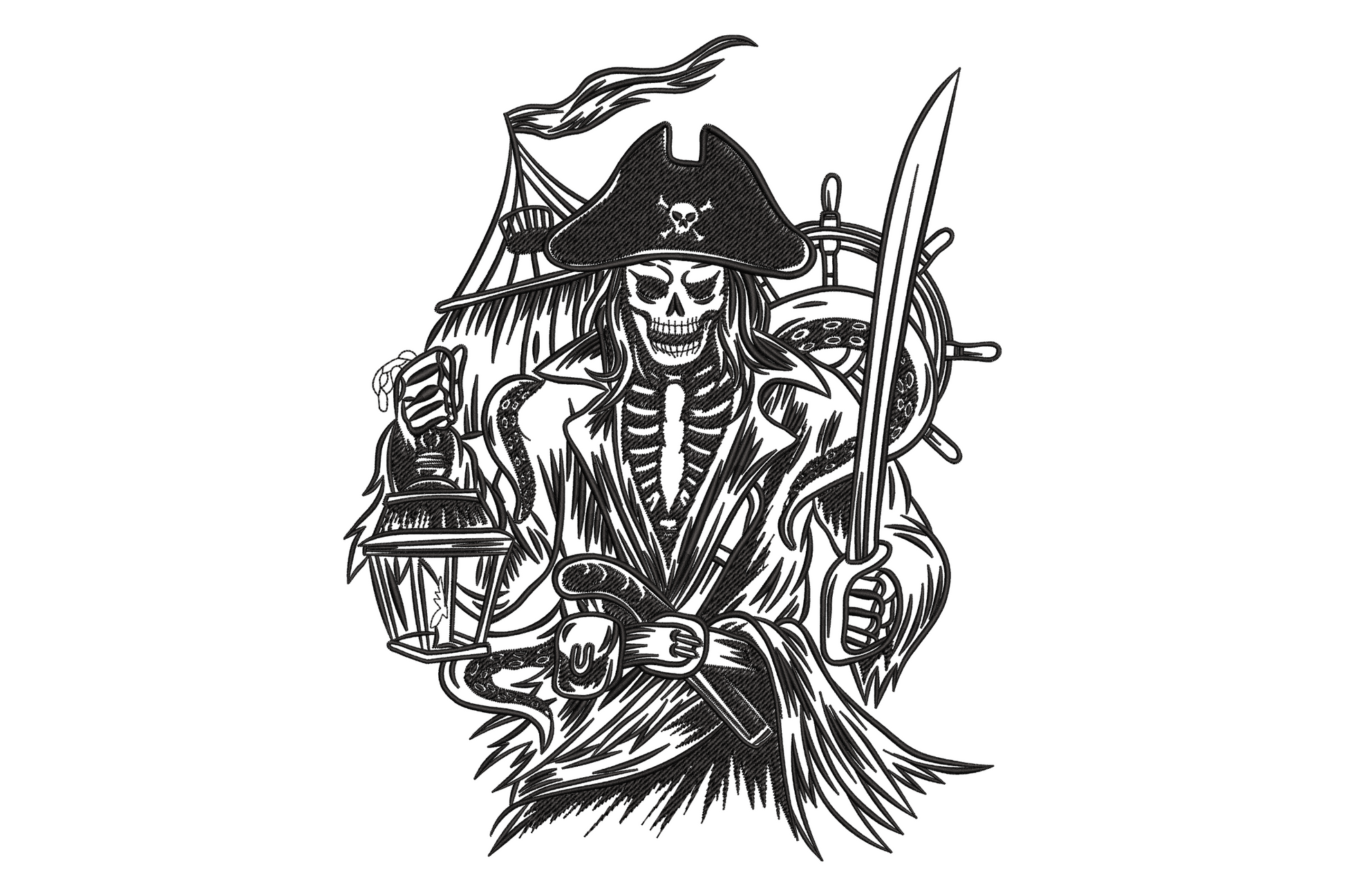 Grim pirate skeleton embroidery in black, full figure with tricorn hat lantern and cutlass, ship wheel behind