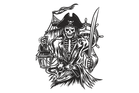 Grim pirate skeleton embroidery in black, full figure with tricorn hat lantern and cutlass, ship wheel behind