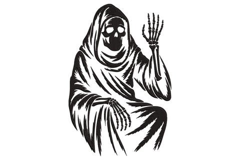 Single-colour grim reaper skeleton silhouette in hooded robe with scythe raised, tall narrow composition, vintage woodcut style line work on white background.