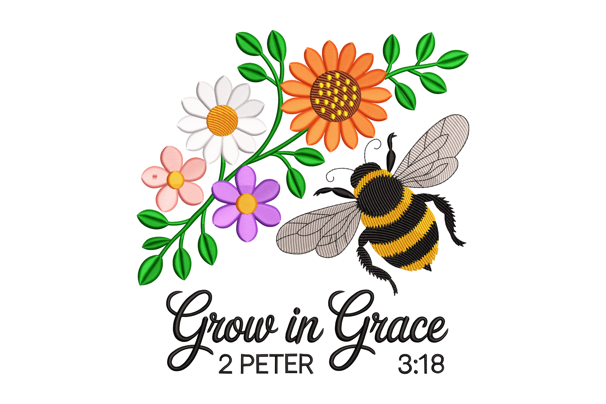 Illustration of a bee and flowers with 'Grow in Grace 2 Peter 3:18' text on a white background