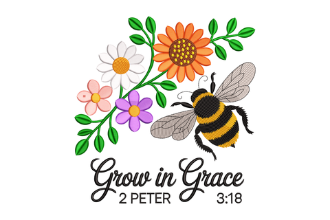 Illustration of a bee and flowers with 'Grow in Grace 2 Peter 3:18' text on a white background
