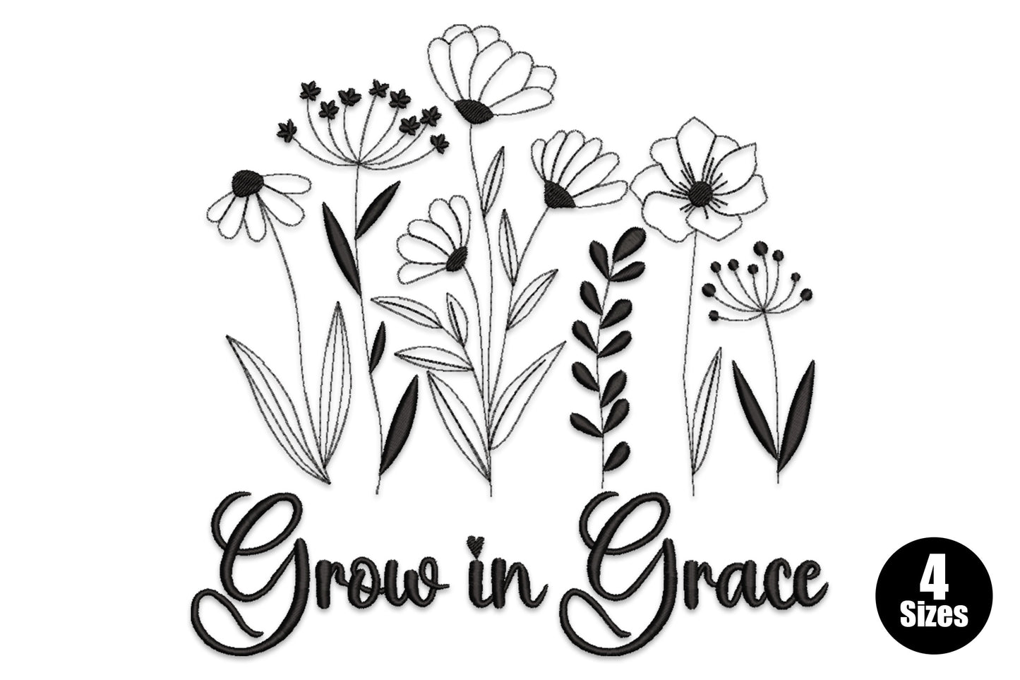 Grow in Grace floral embroidery design with script lettering surrounded by delicate floral sprigs and leaves, single colour, 4 sizes up to 7.94 inches