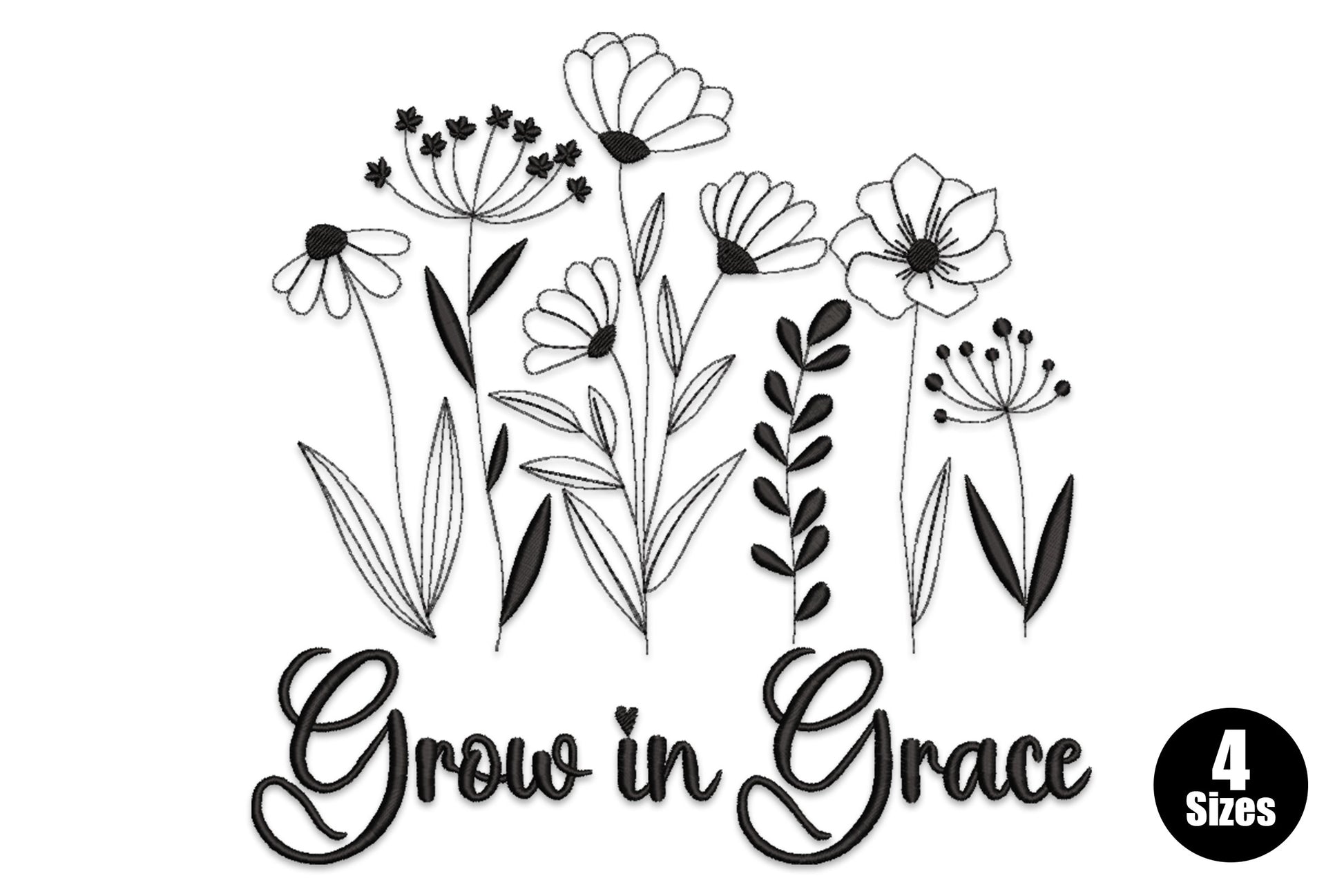Grow in Grace floral embroidery design with script lettering surrounded by delicate floral sprigs and leaves, single colour, 4 sizes up to 7.94 inches