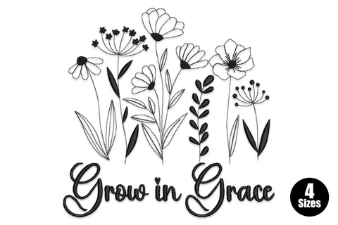 Grow in Grace floral embroidery design with script lettering surrounded by delicate floral sprigs and leaves, single colour, 4 sizes up to 7.94 inches