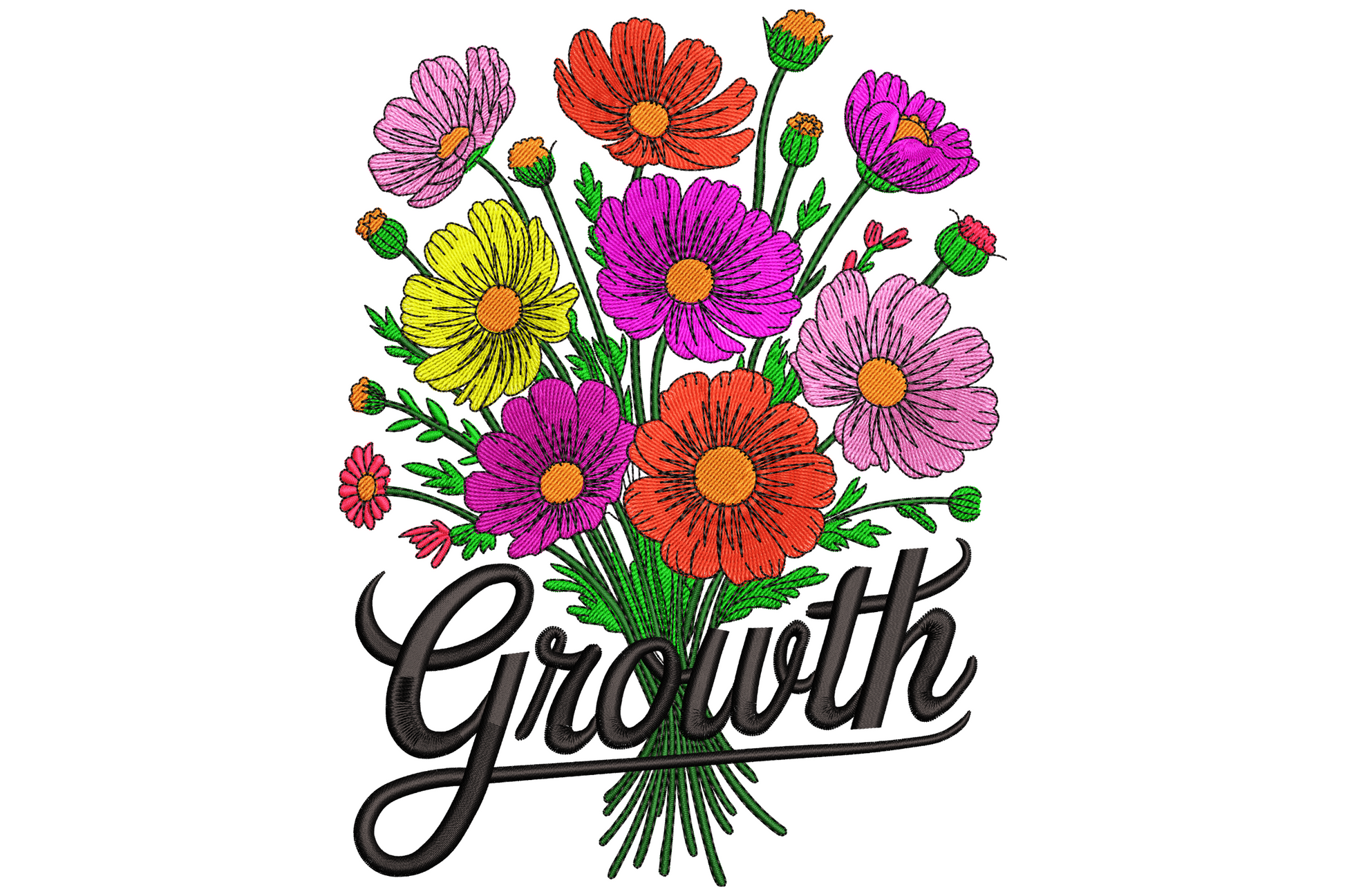 Vertical floral typography reading Growth in flowing taupe script woven through sage stems, pale yellow daisies, and dusty pink florals, hand-lettered cottage core style.