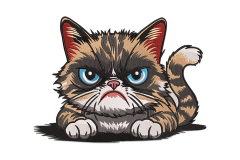 Grumpy cat face embroidery design with nine colour realistic fur in directional fill, scowling expression and squinting eyes, close-up portrait format