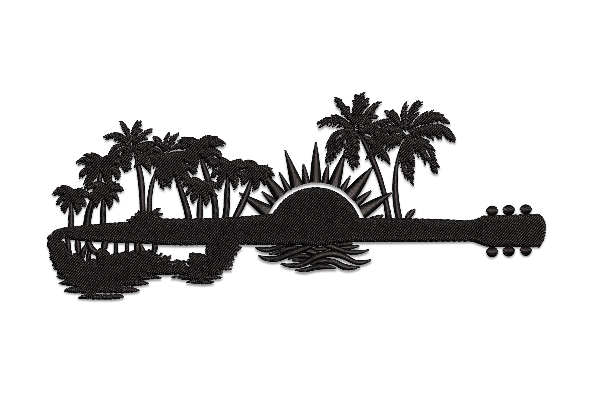 Guitar sunset palm tree silhouette embroidery design, single colour portrait format, 5 sizes 1.47 to 3.14 inches wide