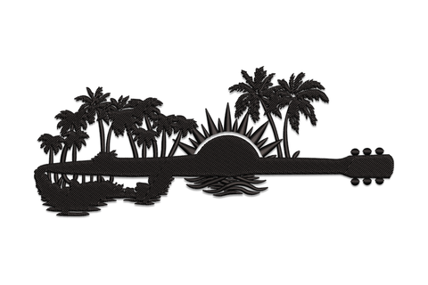 Guitar sunset palm tree silhouette embroidery design, single colour portrait format, 5 sizes 1.47 to 3.14 inches wide