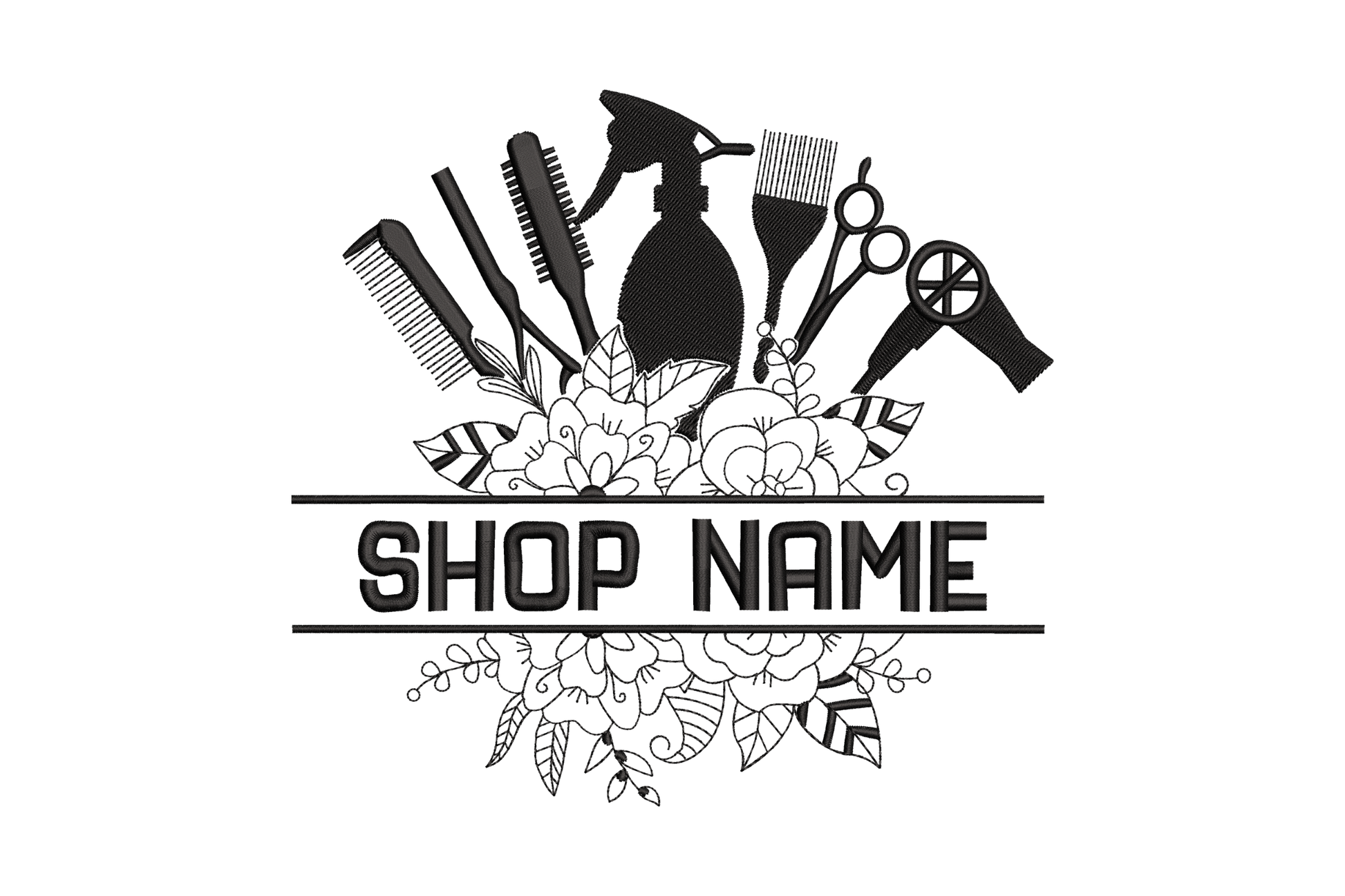 Hair salon tools silhouette embroidery design with combs, scissors, spray bottle and dryer arranged above a floral wreath