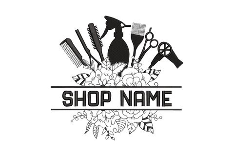 Hair salon tools silhouette embroidery design with combs, scissors, spray bottle and dryer arranged above a floral wreath