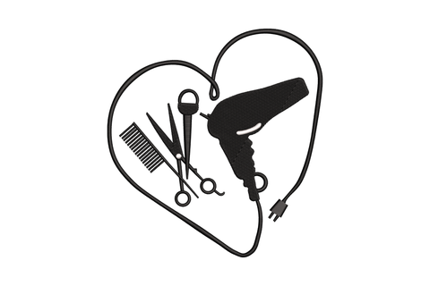 Hair stylist heart embroidery design with rope-like heart outline containing comb scissors and blow dryer silhouettes