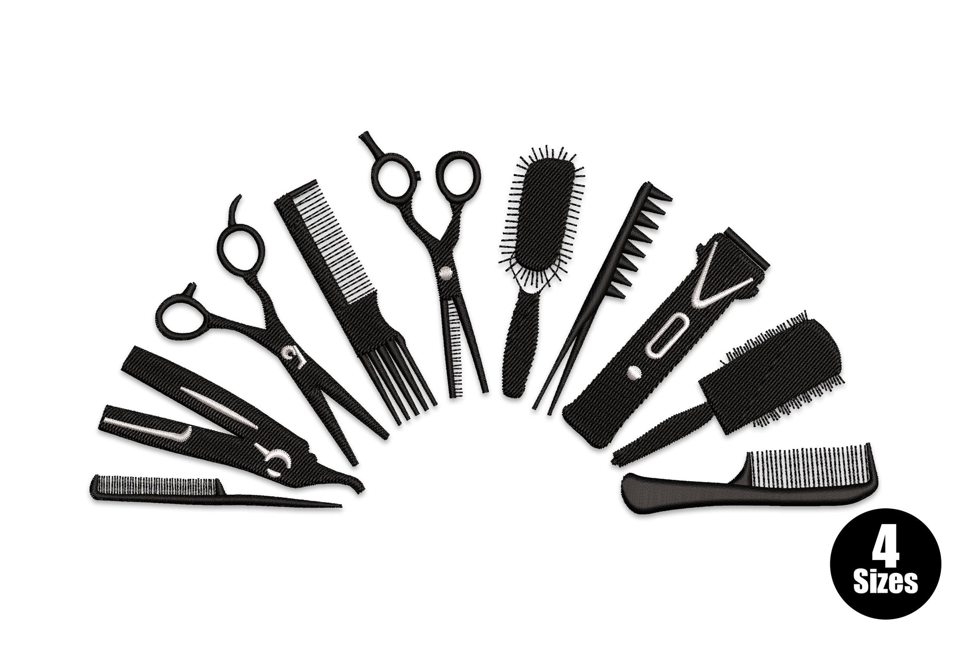 Hair stylist tools embroidery design showing scissors, combs, brushes and clippers fanned in a black and white semicircle.