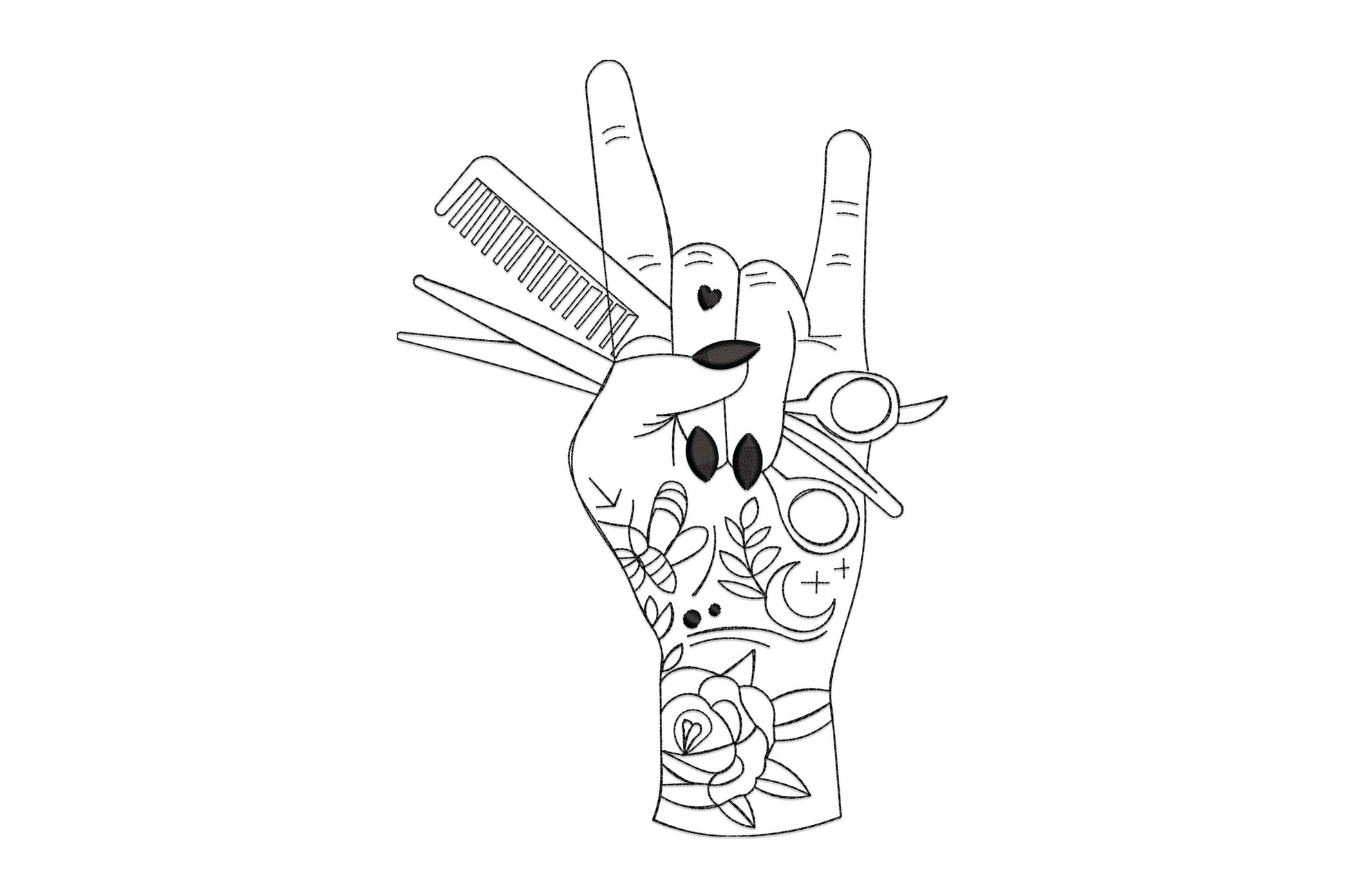 Hairdresser hand embroidery design showing a rock-on gesture with scissors in the thumb loop and a comb tucked between fingers, tattoo flash motifs covering the back of the hand.